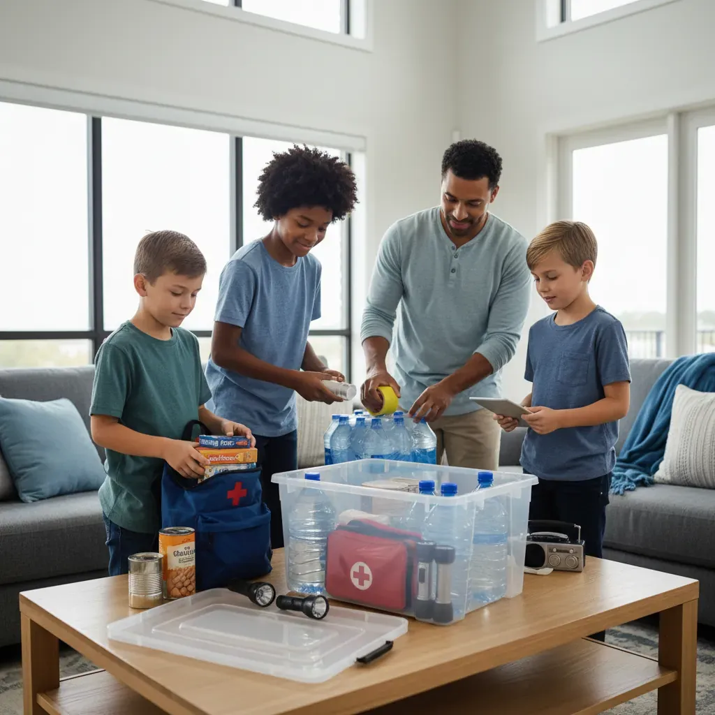 A family calmly packs a hurricane kit with water, flashlights, and a first-aid kit in their cozy living room.