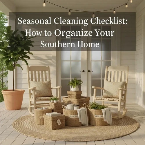A sunlit Southern porch with wooden rocking chairs and woven storage baskets organized for a seasonal spring cleaning.