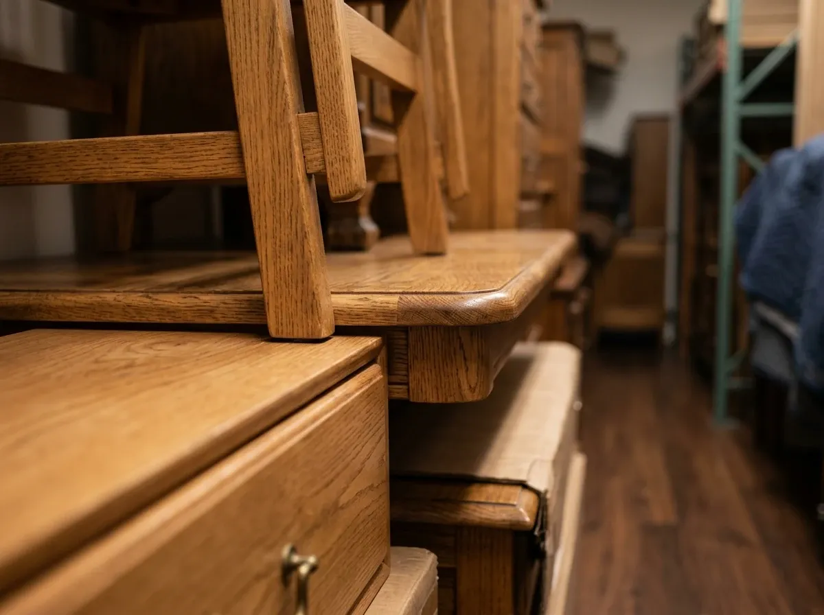 Close-up of polished wooden furniture grain under warm light, highlighting items needing climate-controlled storage.