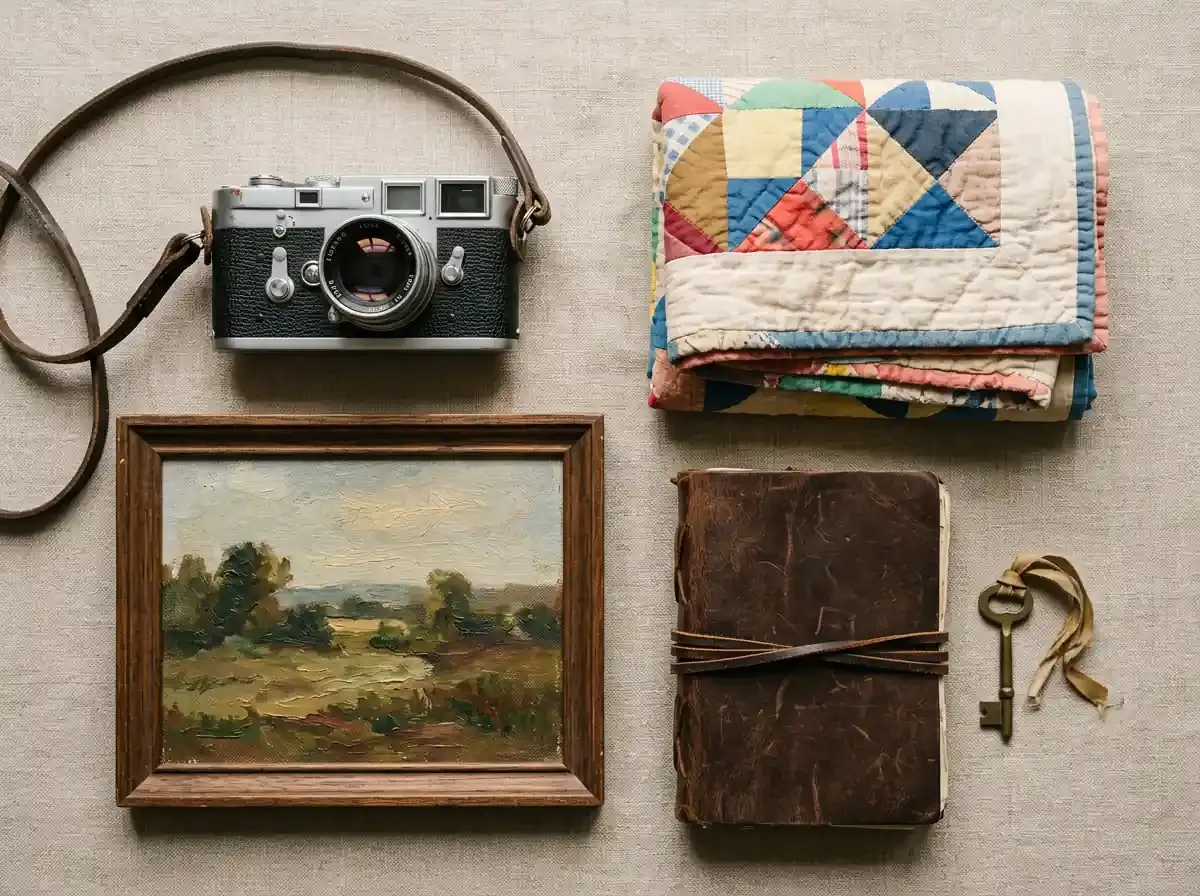 An overhead view of a vintage camera, painting, quilt, and leather journal on linen, representing items needing storage.