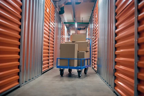 Cart with cardboard boxes in a storage unit hallway, showing rows of roll-up doors on both sides and a clear walkway.