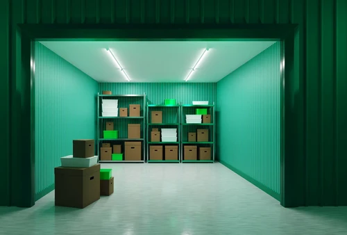 Organized storage unit with shelves, boxes, and bins inside a clean green interior space with overhead lighting.