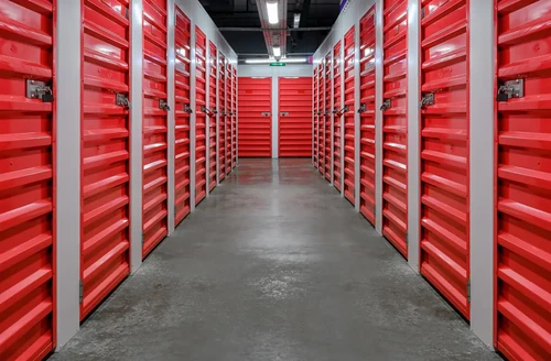 Indoor hallway with red roll-up doors on both sides, showing rows of climate controlled storage units with a clean walkway.