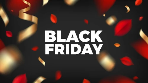 Black Friday text centered on a dark background with red leaves and gold ribbons, creating a festive holiday shopping theme.